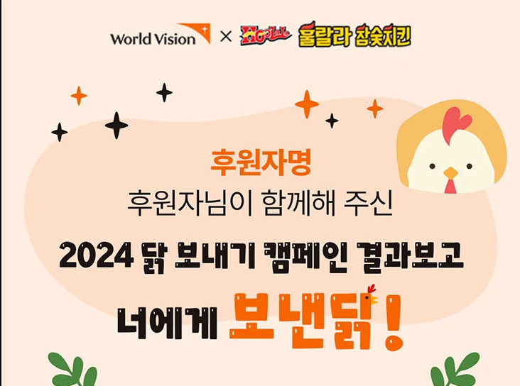 실사 모니터에 표시된 월드비전 닭 보내기 캠페인 결과보고 전체 화면